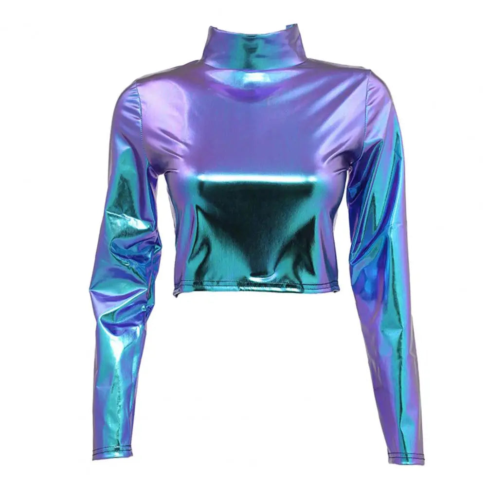 PU Short Top Women Shiny Leather Top Glossy Faux Leather Long Sleeve Skinny Pullover Elastic Nightclub Stage Show Party Crop Top - Premium  from Lizard Vigilante - Just $6.99! Shop now at Lizard Vigilante