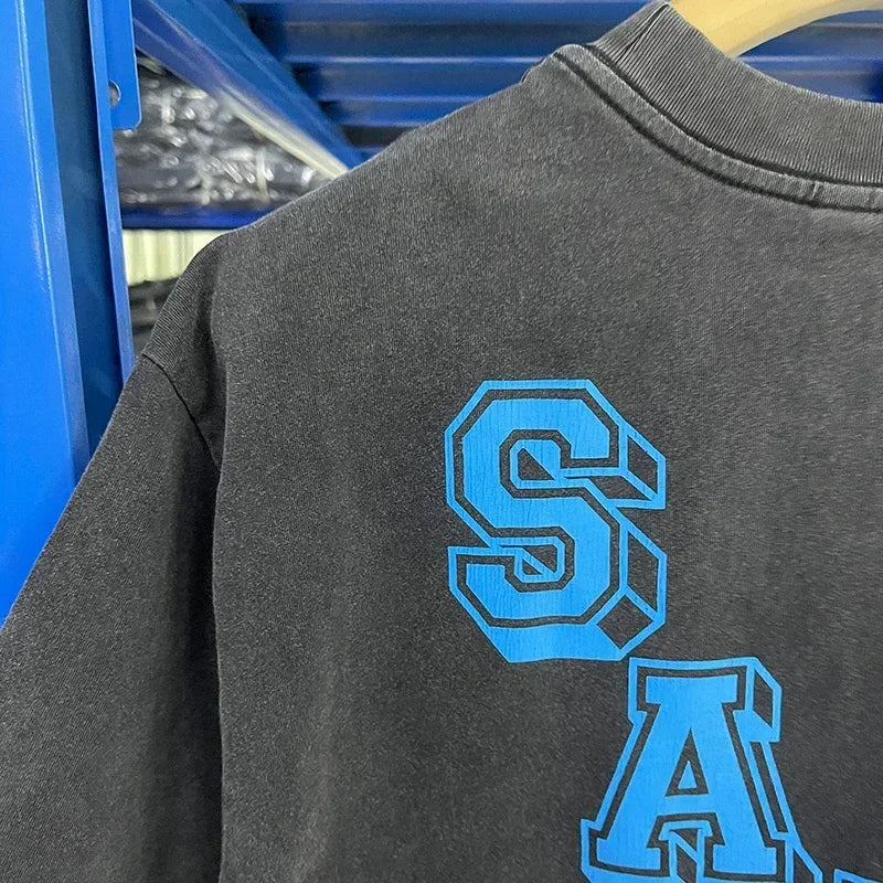 Men Women High Street Vintage Washed Black T-Shirt Top Quality Cototn TEE 3D Cracked Letters Logo Print Saint T Shirt With Tags - Premium  from Lizard Vigilante - Just $64.99! Shop now at Lizard Vigilante