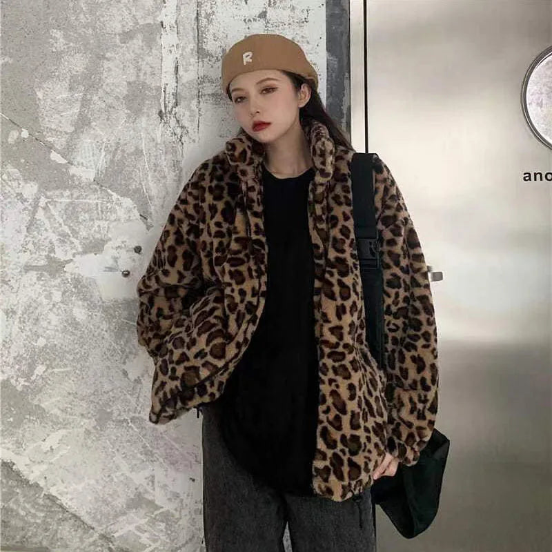 Autumn Fuzzy Leopard Print Jacket for Women – Warm Stand Collar Parka - Premium coat from Lizard Vigilante - Just $68.88! Shop now at Lizard Vigilante