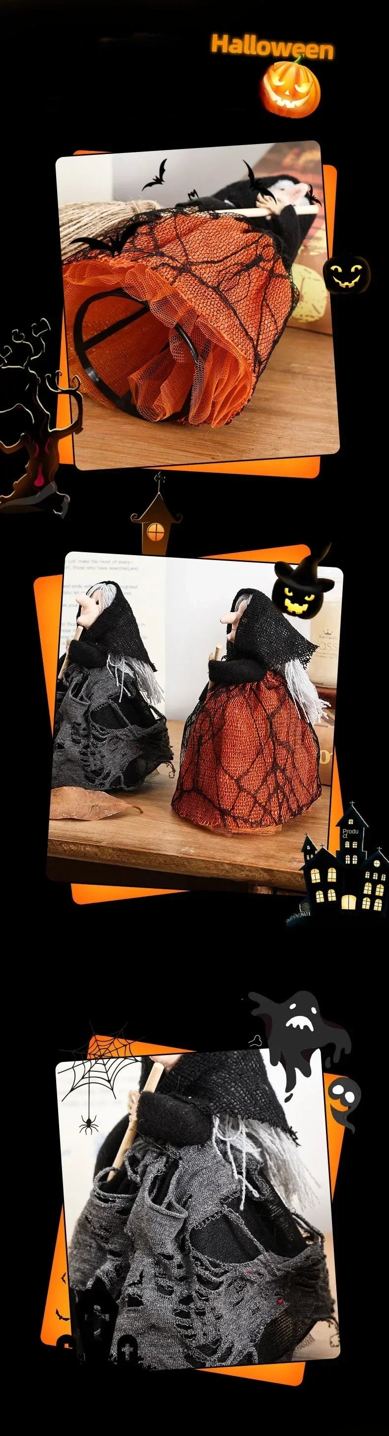 Halloween Witch Decoration with Broom for Home Garden Porch Party Hanging Decor Indoor and Photography Prop Home Accessories