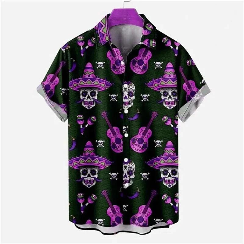 Men's Shirt Skull Guitar Hawaiian Lapel Button Top Beach Casual and Comfortable Short-Sleeved Shirt Style - Lizard Vigilante