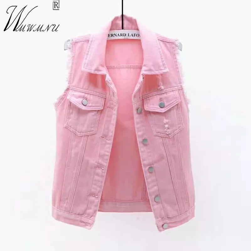 Korean Fashion Pink Denim Vests Women Casual Cowboy Sleevless Jackets Summer Jean Chalecos Mujer Oversize Short Waistcoat - Lizard Vigilante