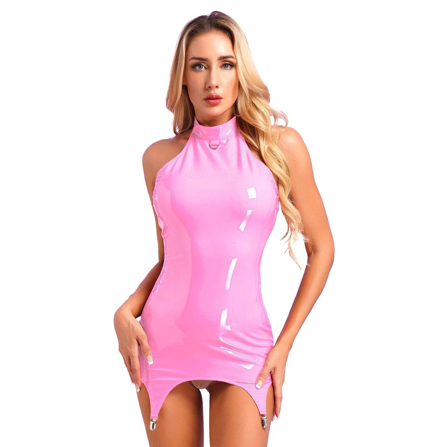 Womens Sleeveless Latex Tank Wet Look Rave Clubwear Dresses Patent Leather Costume Bodycon Mini Dresses with Metal Clips - Lizard Vigilante