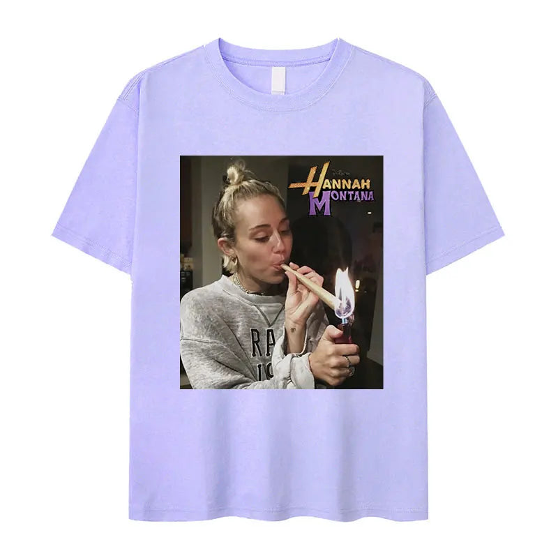 Miley Cyrus Funny Smoking Graphic T-Shirt | Hannah Montana Vintage Aesthetic Men’s & Women’s Casual Oversized Cotton Tee - Premium T-Shirt from Lizard Vigilante - Just $26.66! Shop now at Lizard Vigilante