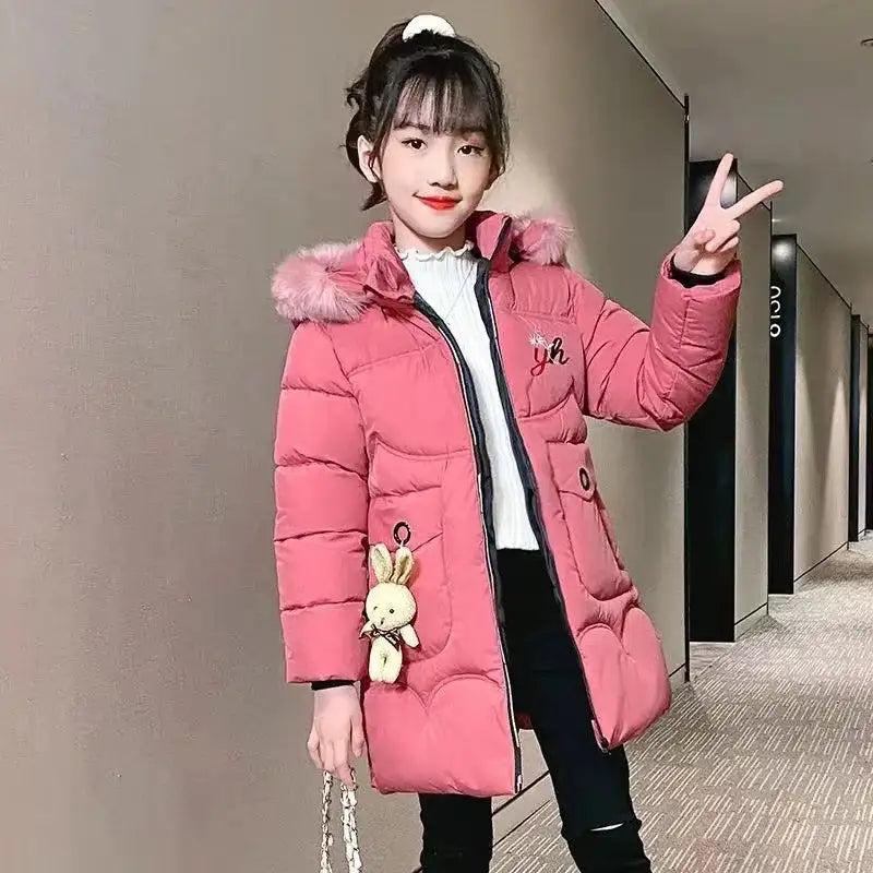 4 Color Big Size Winter Keep Warm Long Style Girls Jacket Teenage Thick Heavy Cold-proof Hooded Windbreaker Coat For Kids