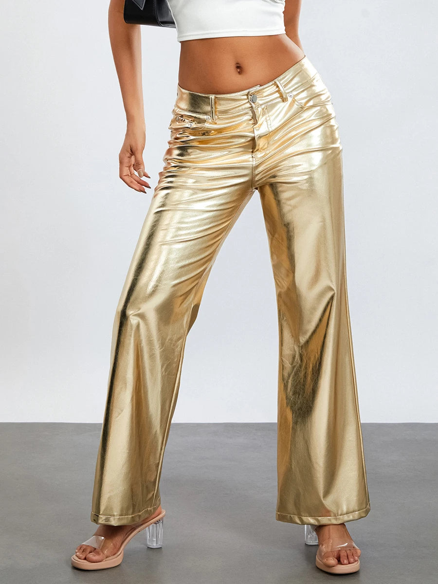 Women s Metallic Jeans Loose Low Waist Button Straight Leg Long Length Gold Trousers Glitter Pants with Front Pockets - Premium  from Lizard Vigilante - Just $38.99! Shop now at Lizard Vigilante