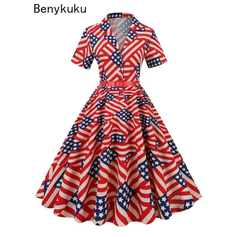 Women's American Flag Button-Up Vintage Dress - Premium dress from Lizard Vigilante - Just $43.99! Shop now at Lizard Vigilante