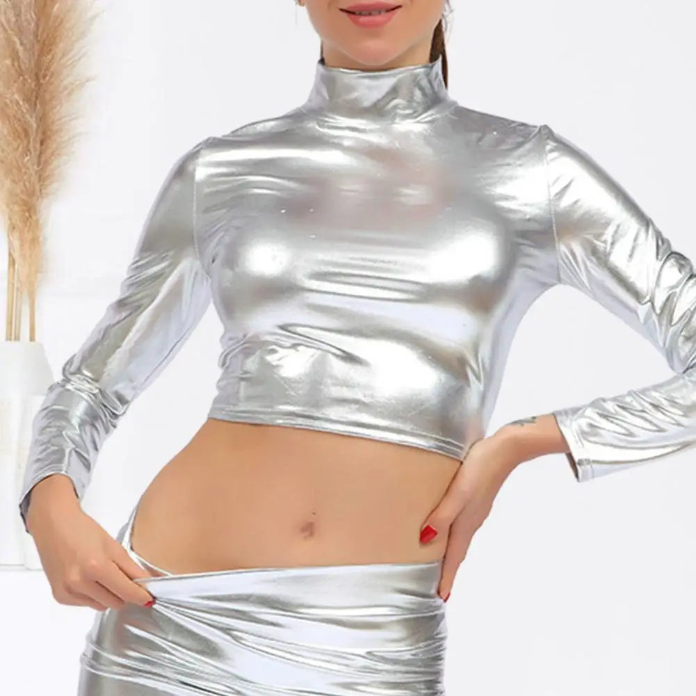 PU Short Top Women Shiny Leather Top Glossy Faux Leather Long Sleeve Skinny Pullover Elastic Nightclub Stage Show Party Crop Top - Premium  from Lizard Vigilante - Just $6.99! Shop now at Lizard Vigilante