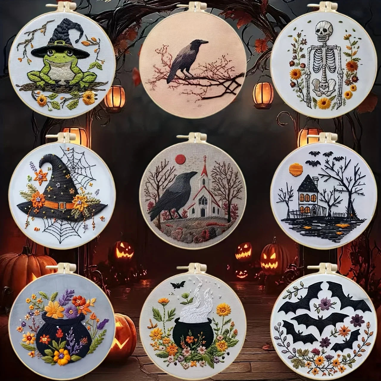 Halloween-themed pattern hand-embroidery DIY set material package, the set includes needles, threads, embroidery strips, and an