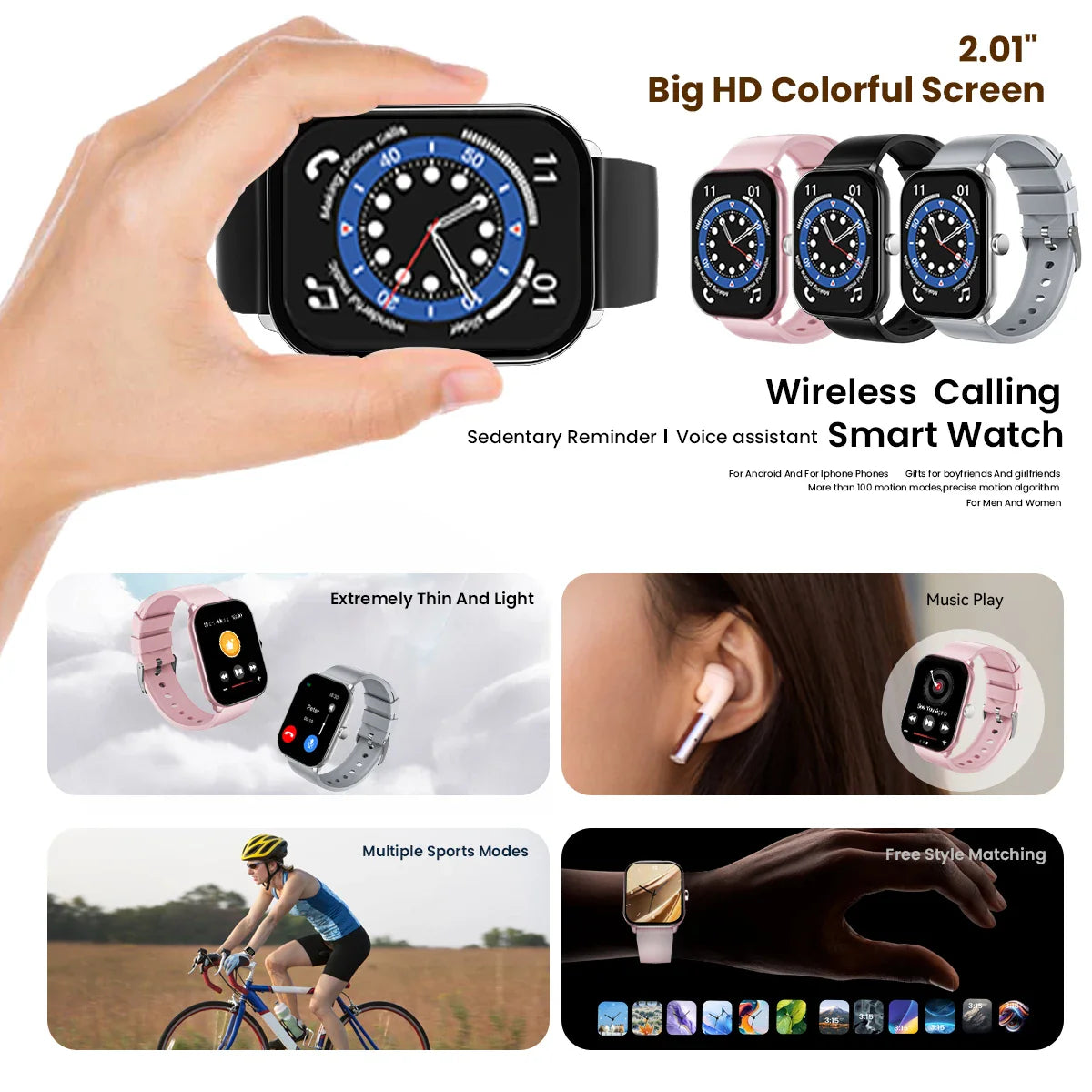 Smart Watch 2.01-inch Large Screen Waterproof Camera Multiple Sports Modes Bluetooth Calling Men Women Smartwatch For Xiaomi