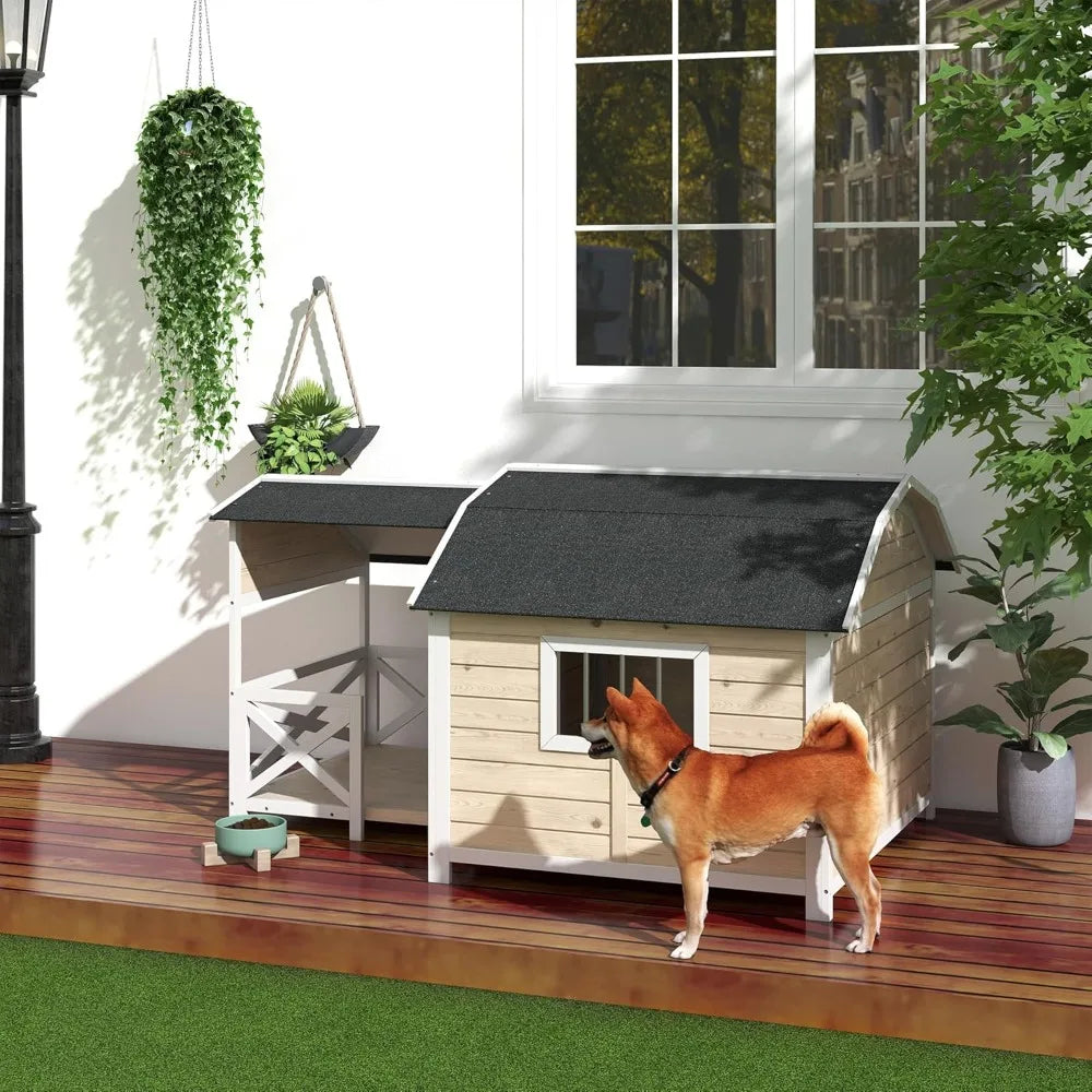 Wooden Dog House Outdoor with Porch, Raised Pet Kennel for Medium Large Dogs, with Asphalt Roof, Front Door, Side Windows - Premium  from Lizard Vigilante - Just $473.99! Shop now at Lizard Vigilante