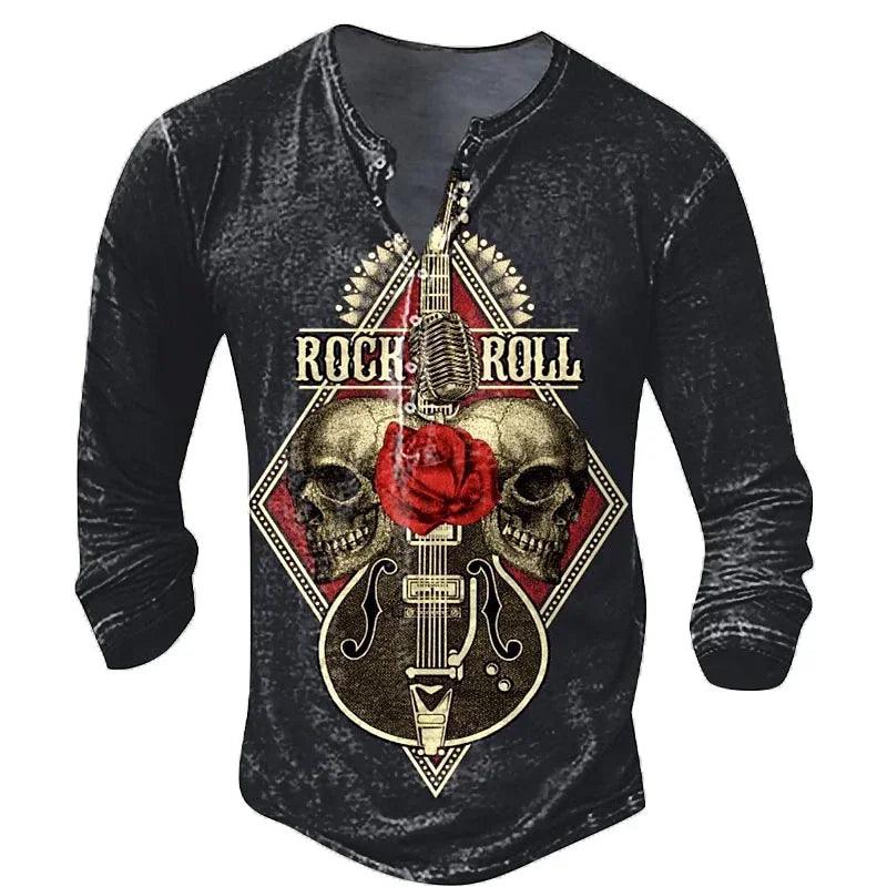 Vintage Men's T-Shirt Imitation Cotton Tee Rock Music Graphic Tees 3d Printed Long Sleeve Henley Shirt Oversized Men Clothing - Premium t-shirt from Lizard Vigilante - Just $24.99! Shop now at Lizard Vigilante