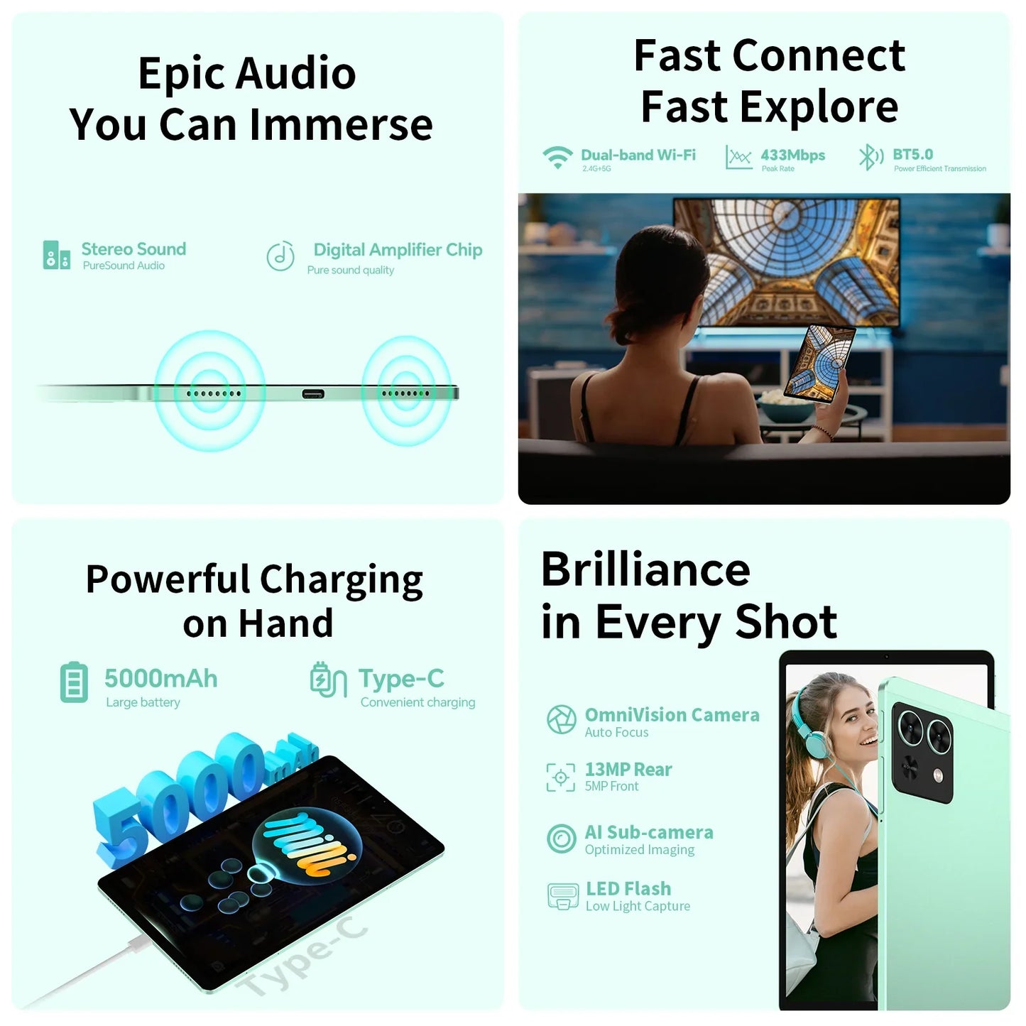 Teclast M50Mini, 8.7 Inches Tablet, 8 Cores, Android 14, 4g Phone Call, (6Gb+10Gb)16Gb Ram, 128Gb Rom, 1340X800, Unisoc T606, 13Mp+5Mp