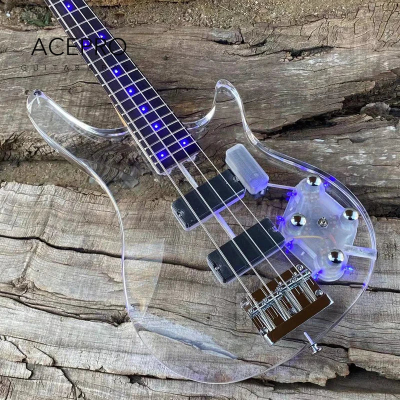 Lizard Vigilante Blue LED Electric Bass Guitar – Clear Acrylic Body, Maple Neck, Rosewood Fingerboard, 4-String Professional Bass - Premium Electric bass guitar from Lizard Vigilante - Just $588.88! Shop now at Lizard Vigilante