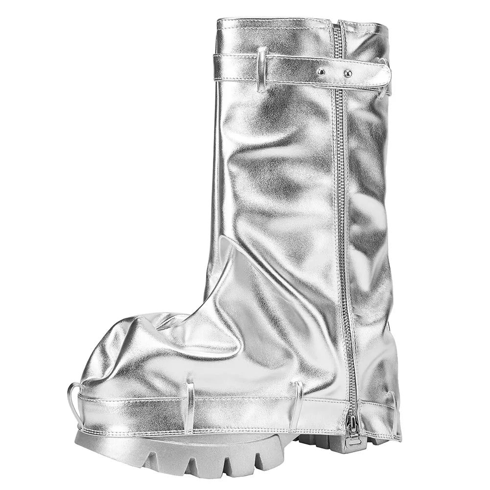 Women's Fold-Over Slouchy Boots – Metallic Silver Pleated Platform Chunky Heel Mid-Calf Boots with Wide Calf Fit - Premium boots from Lizard Vigilante - Just $108.88! Shop now at Lizard Vigilante