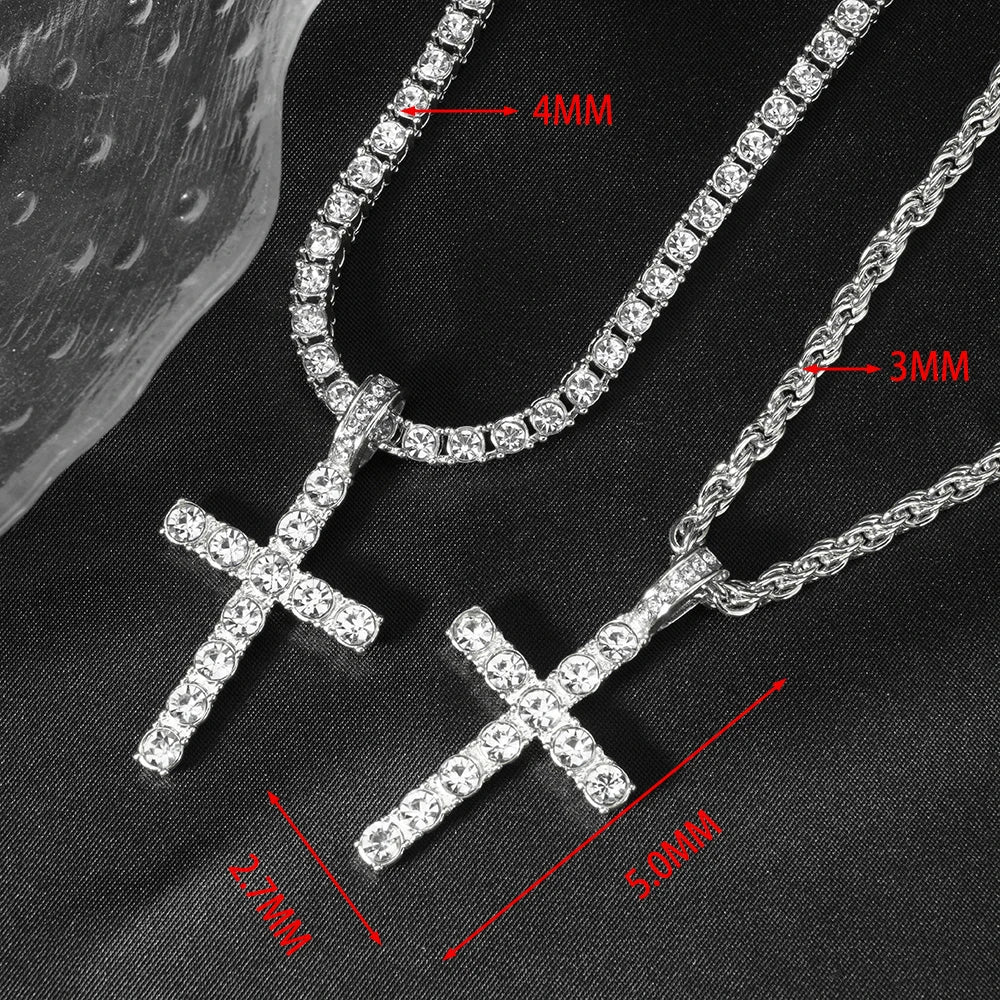 Hip Hop Cross Pendant Necklace Strap 4mm Zircon Tennis Chain Iced Out Sparkling Necklace Men Women Punk Jewelry Fashion Gift