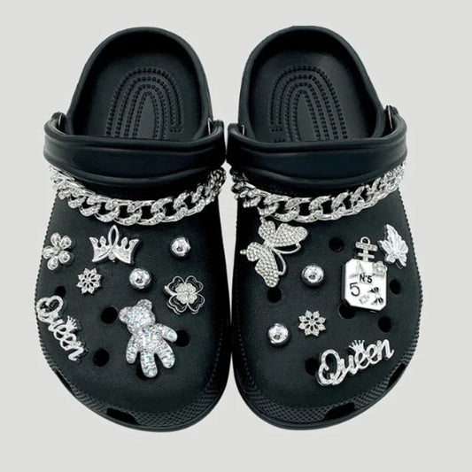 17PCS Fashion Shoe Charms Set Accessories Hole Shoe Buckle Silver Crystal Bear Chain DIY Shoes Decorations Woman Girls Gift