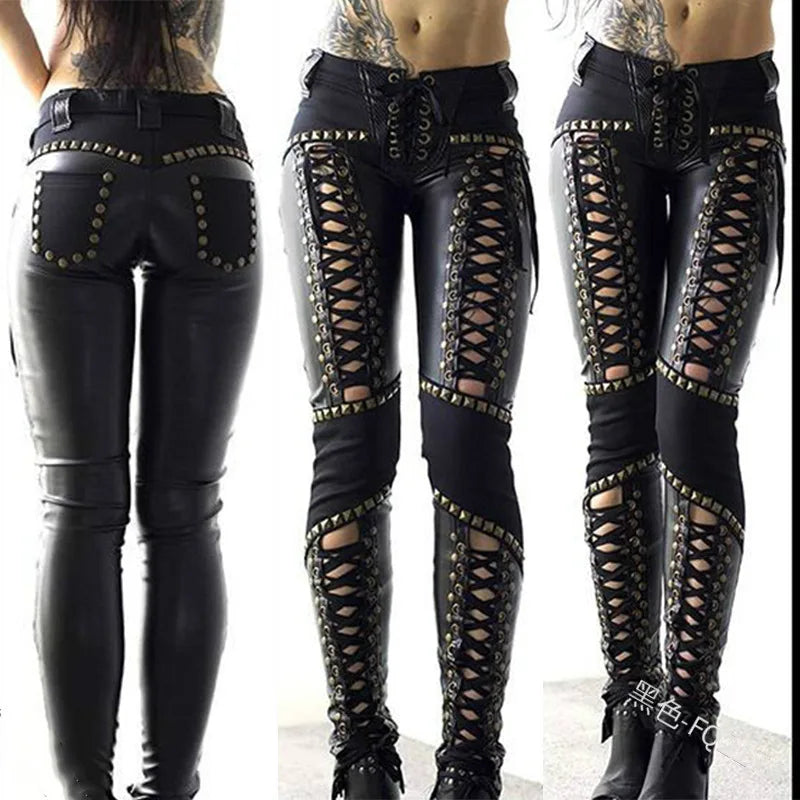 Women's Punk Rock Imitation Leather Pencil Pants New Sensual Hollow Out Bandage Bodycon Leggings Streetwear Women's Pants - Premium pants from Lizard Vigilante - Just $52.88! Shop now at Lizard Vigilante