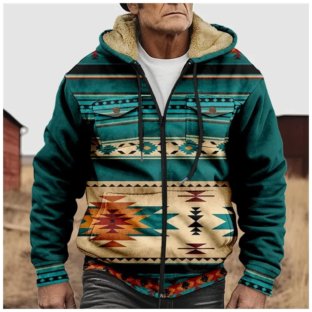 Retro Aztec Geometric Winter Jacket – Men's Plush Thick Streetwear Hunting Coat with Art Graphics & Fleece Lining - Premium jacket from Lizard Vigilante - Just $56.66! Shop now at Lizard Vigilante