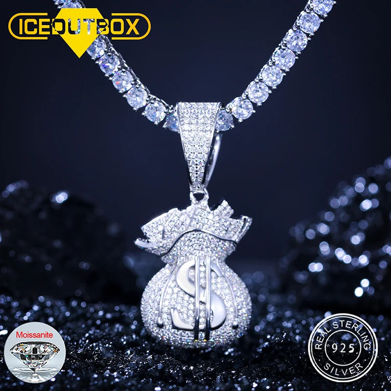 New D Color VVS Moissanite Lucky Money Bag Pendant Necklace 925 Sterling Silver Women Men's Hip Hop Rock Jewelry Rich Jewelry - Premium  from Lizard Vigilante - Just $96.99! Shop now at Lizard Vigilante