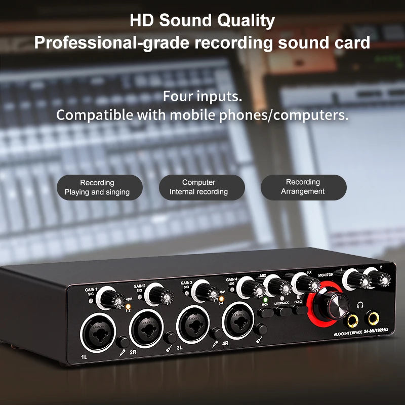 Professional 24Bit 192KHz Audio Interface Sound Card 4 Channel Sound Card for Guitar Loopback USB External Studio PC Recording