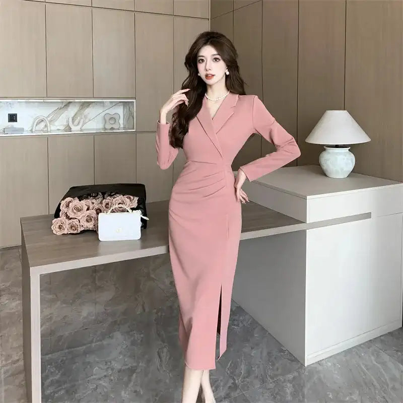 Women Pink Pleated Bodycon Formal Long Dress Autumn Winter Long Sleeve Chic Suit Dress 2025 Korean Fashion Elegant Party Dresses