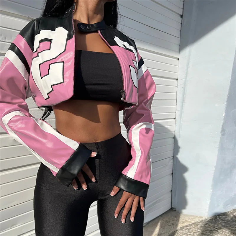 Crop Top Women's Leather Jacket Moto Biker Style Number Print Women's Jacket Fashion Outerwears Women's Moto Biker Zipper Jacket - Premium  from Lizard Vigilante - Just $58.99! Shop now at Lizard Vigilante