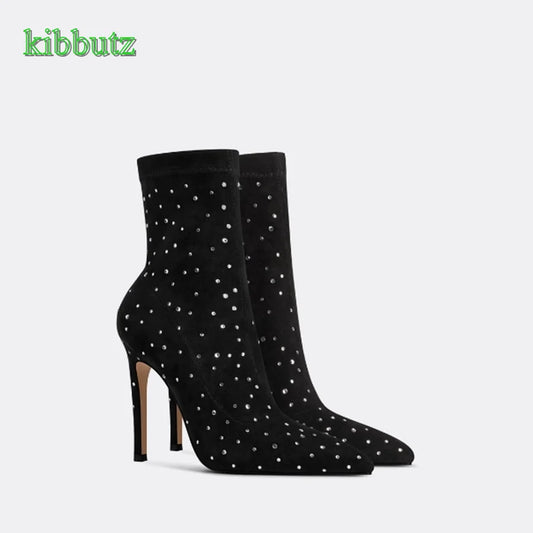 Pointed Toe Heeled Stretch Boots, Rhinestones Bejeweled Thin Heel Women Shoes Wedding Party 2024 New Zapatos Para Mujere - Premium boots from Lizard Vigilante - Just $159.99! Shop now at Lizard Vigilante