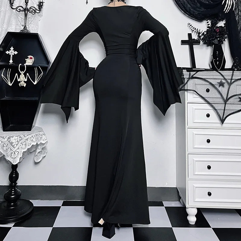 Gothic Vintage Halloween Dress for Women – Square Neck Patchwork with Spider Web Flare Sleeves - Premium Cosplay Costumes from Lizard Vigilante - Just $48.99! Shop now at Lizard Vigilante