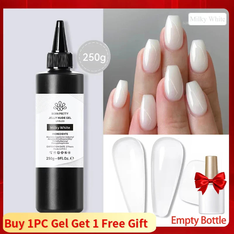 BORN PRETTY 250g Milky White Jelly Nude Gel Nail Polish Refilled Package Translucent Clear Color Semi Permanent Soak Off UV Gel