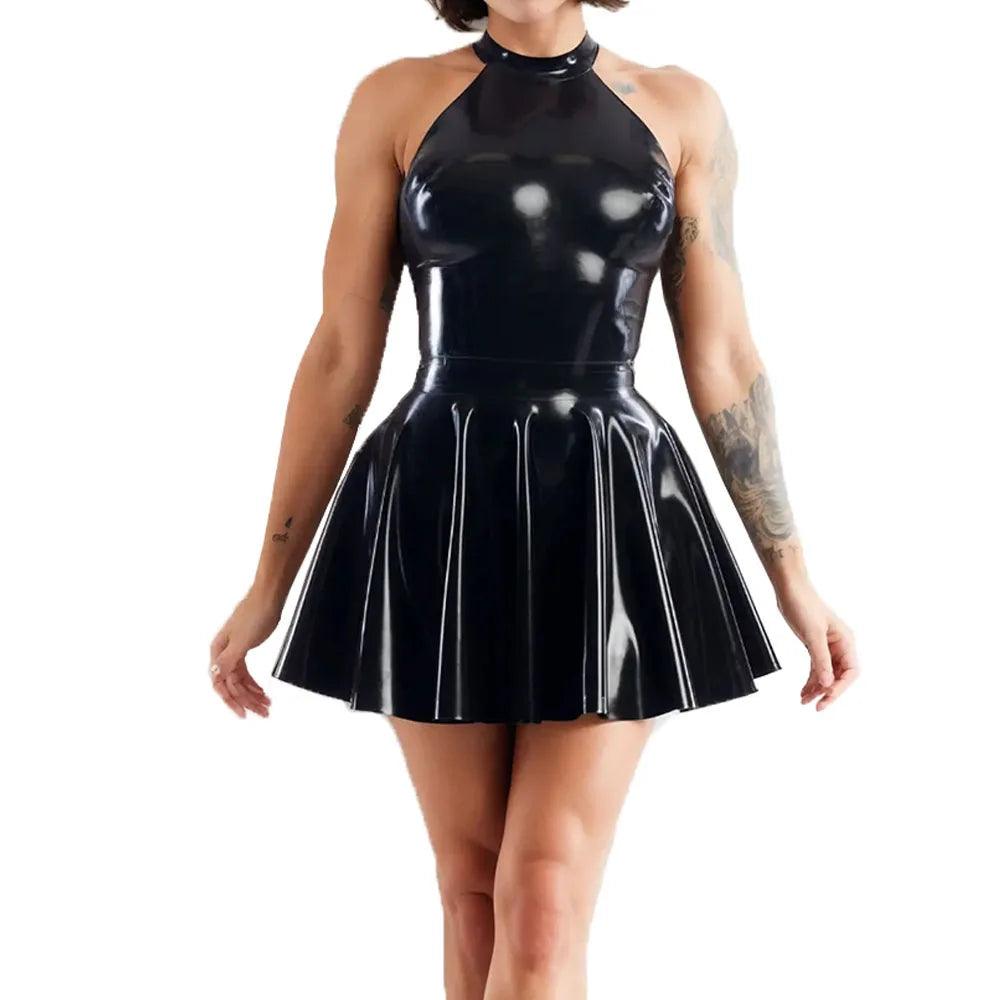 Shiny Sleeveless A-Line Pleated Mini Dress Halter Neck Skater Wet PVC Leather Swing Skirt Dress Latex-look Clubwear - Lizard Vigilante