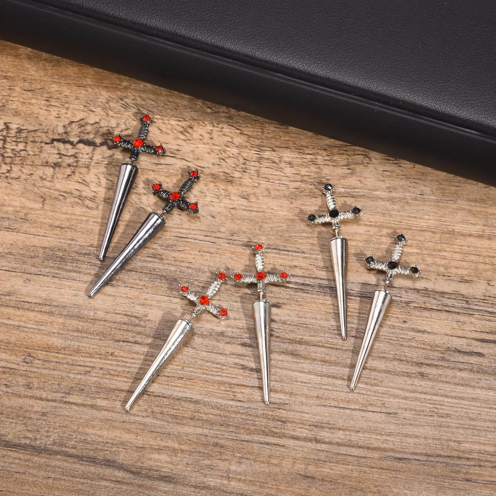 Gothic Sword Earrings with Black Stone Cross Studs - Premium  from Lizard Vigilante - Just $19.88! Shop now at Lizard Vigilante