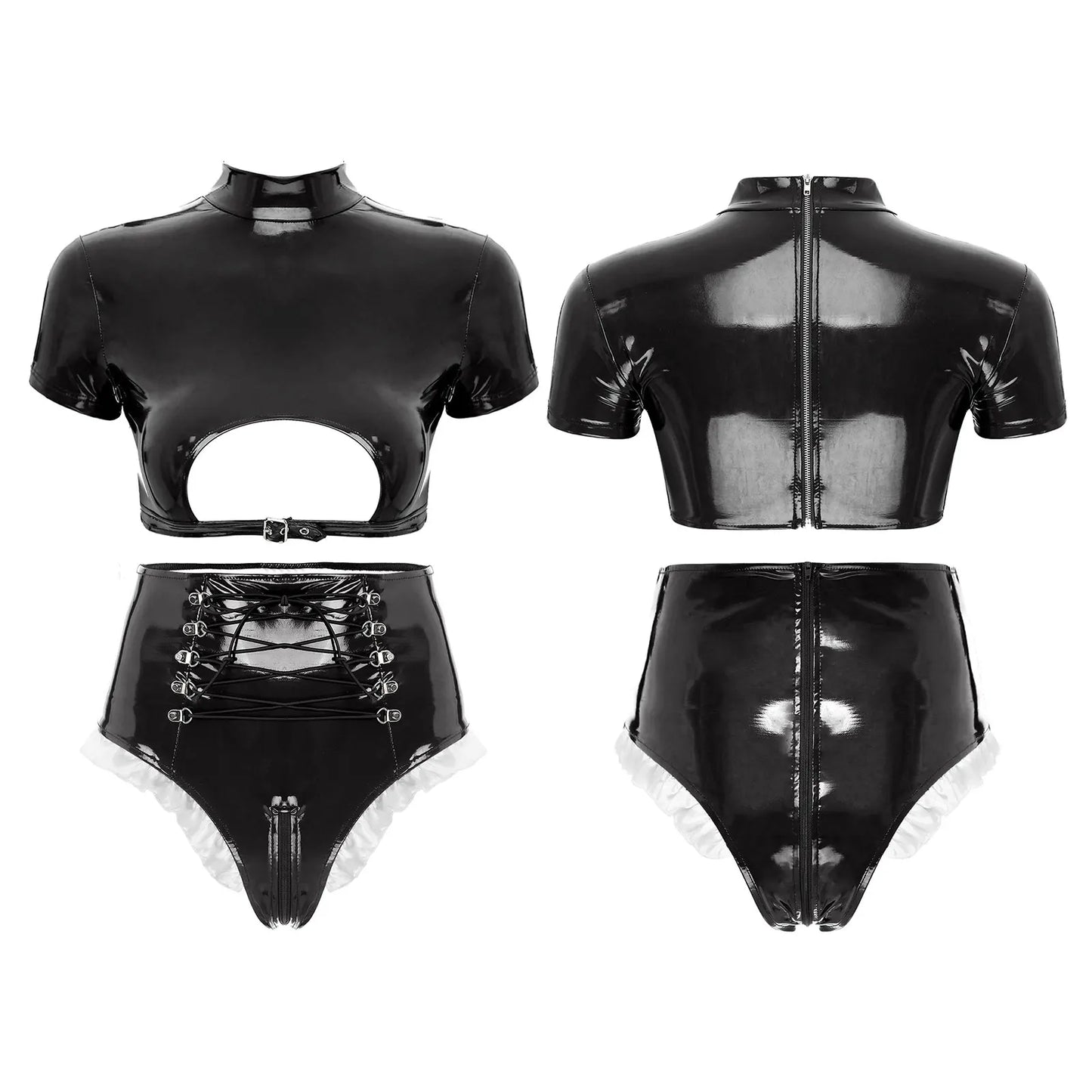 Women's Moto & Biker Latex-Style Clubwear Set – Leather Lingerie for Pole Dance, Cosplay, and Nightclub Parties - Premium clubwear from Lizard Vigilante - Just $48.88! Shop now at Lizard Vigilante