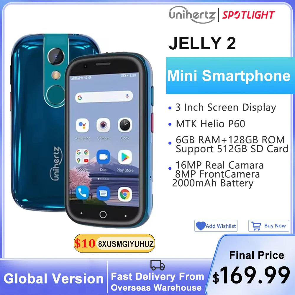 Unihertz Jelly 2 4 inch Mini Smartphone Android 11 Helio P60 Octa Core Unlocked 6GB 128GB NFC Cellphone 16MP Infrared Phone