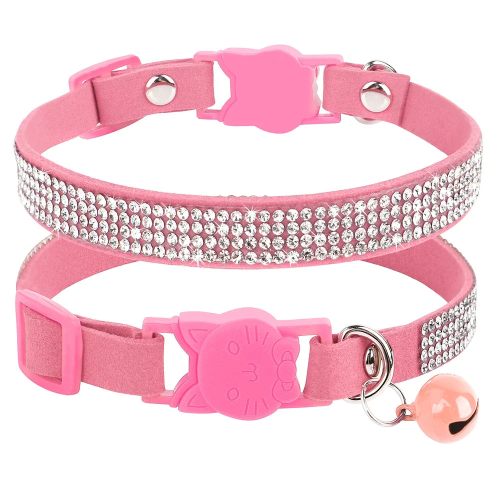 Soft Suede Leather Cat Collar Bling Rhinestone Cats Collars with Bell Safety Breakaway Pet Puppy Necklace Adjustable XS S Pink