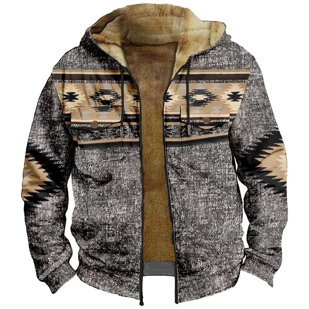 Retro Aztec Geometric Winter Jacket – Men's Plush Thick Streetwear Hunting Coat with Art Graphics & Fleece Lining - Premium jacket from Lizard Vigilante - Just $56.66! Shop now at Lizard Vigilante