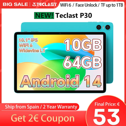 Teclast P30 Android 14 Tablet, 8 Cores Allwinner A523, 10Gb Ram (4Gb+6Gb Expansion), 64Gb Rom (Support Tf 1Tb), 10.1 Inches 1280X800, 5Mp+2Mp, 6000Mah, Type C, Bt 5.4, Wi-Fi 6, Mali G57, Face Unlock