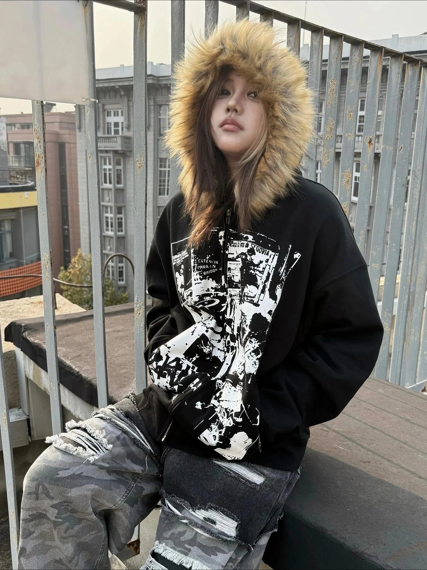 Shadow Vortex Faux Fur Gothic Hoodie Jacket