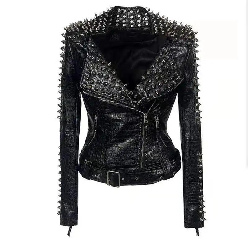 Winter Multi Rivet Short PU Leather Coat Long Sleeve Jacket Fashion Women Punk Rock Black Leather Clothing - Premium leather jacket from Lizard Vigilante - Just $175.99! Shop now at Lizard Vigilante