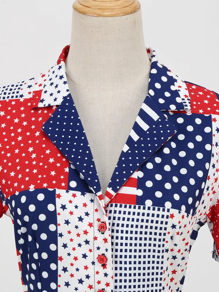 2024 Election American Flag Collar Button Up Star Print Women Short Sleeve Belted 50s 60s Pinup A-Line Vintage Dresses - Lizard Vigilante