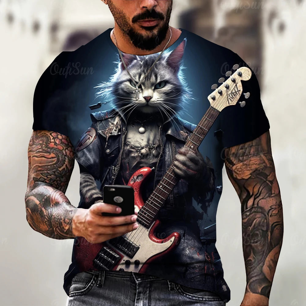 Funny T Shirt For Men Summer Short Sleeve Animal T-Shirts Rock Metal Cat 3d Print Fashion Casual Street Oversized Men's Clothing - Premium T-Shirt from Lizard Vigilante - Just $22.99! Shop now at Lizard Vigilante