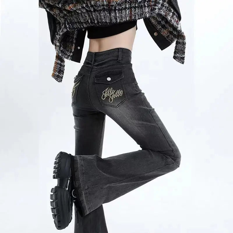 Low Waist Jeans Girls Women Autumn Vintage American High Street Spicy Y2k Design Sense Slim Fit Straight Tube Micro Flare Pants - Lizard Vigilante