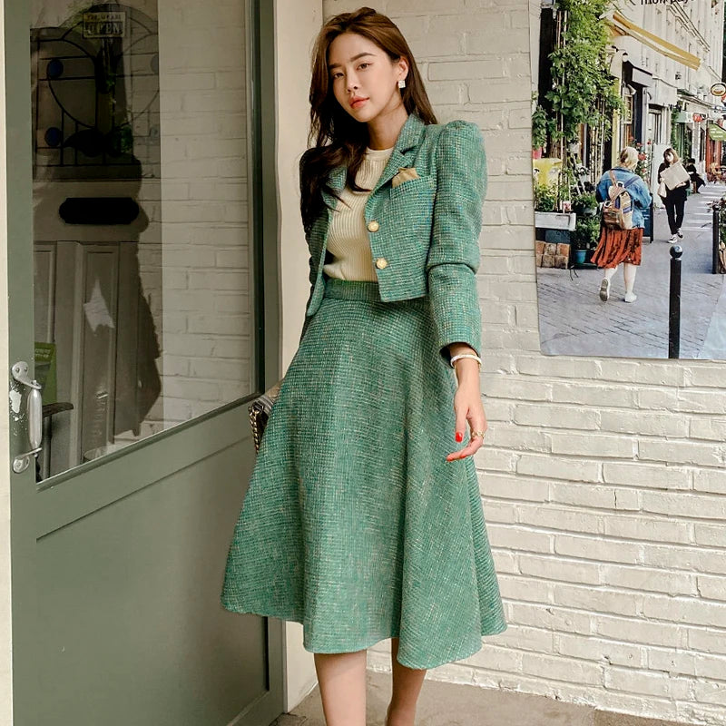 Women’s 2-Piece Korean Chic French Temperament Suit – V-neck Pearl Button Puff Sleeve Jacket with High Waist Swing Skirt for a Timeless Autumn Look - Premium skirt from Lizard Vigilante - Just $88.88! Shop now at Lizard Vigilante