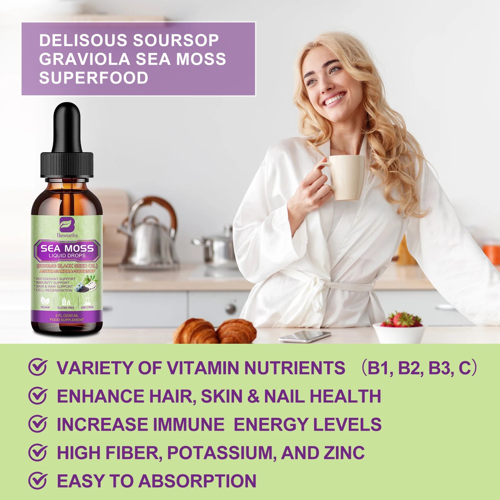 BEWORTHS Sea Moss & Soursop Drops – 60ml Super Extract for Immunity, Kidney Function & Antioxidant Power | Vegan Herbal Liquid Supplement - Premium supplement from dsers - Just $26.99! Shop now at Lizard Vigilante