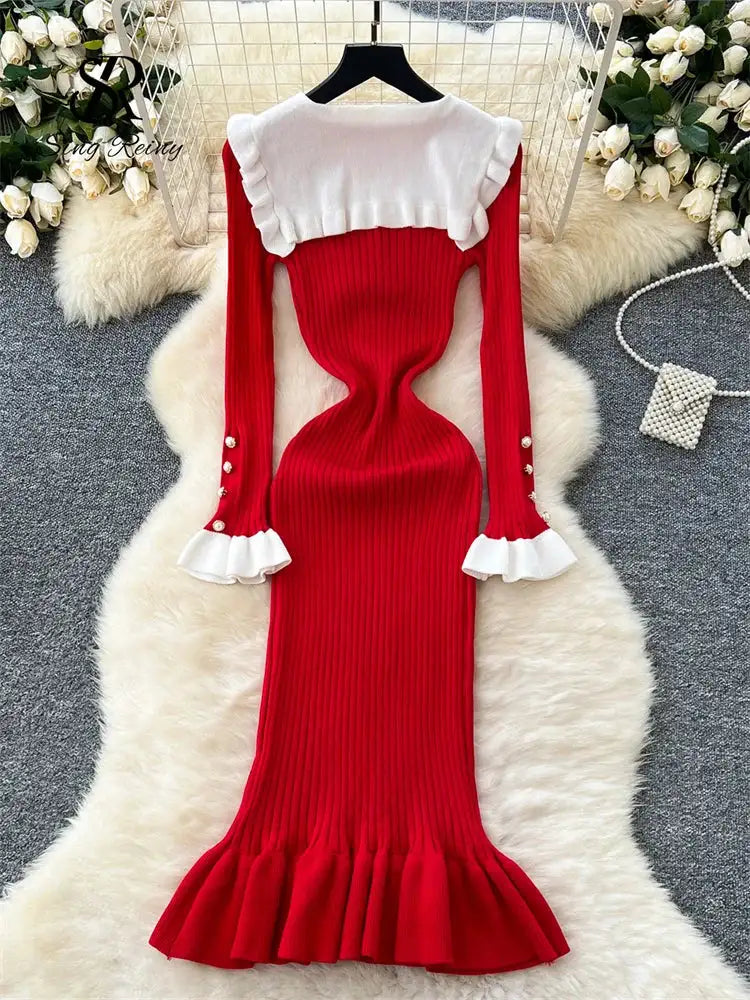 SINGREINY 2024 Hotsweet Slim Autumn Dress Women Peter pan Collar Long Sleeves Patchwork Preppy Style Mermaid Sweater Long Dress