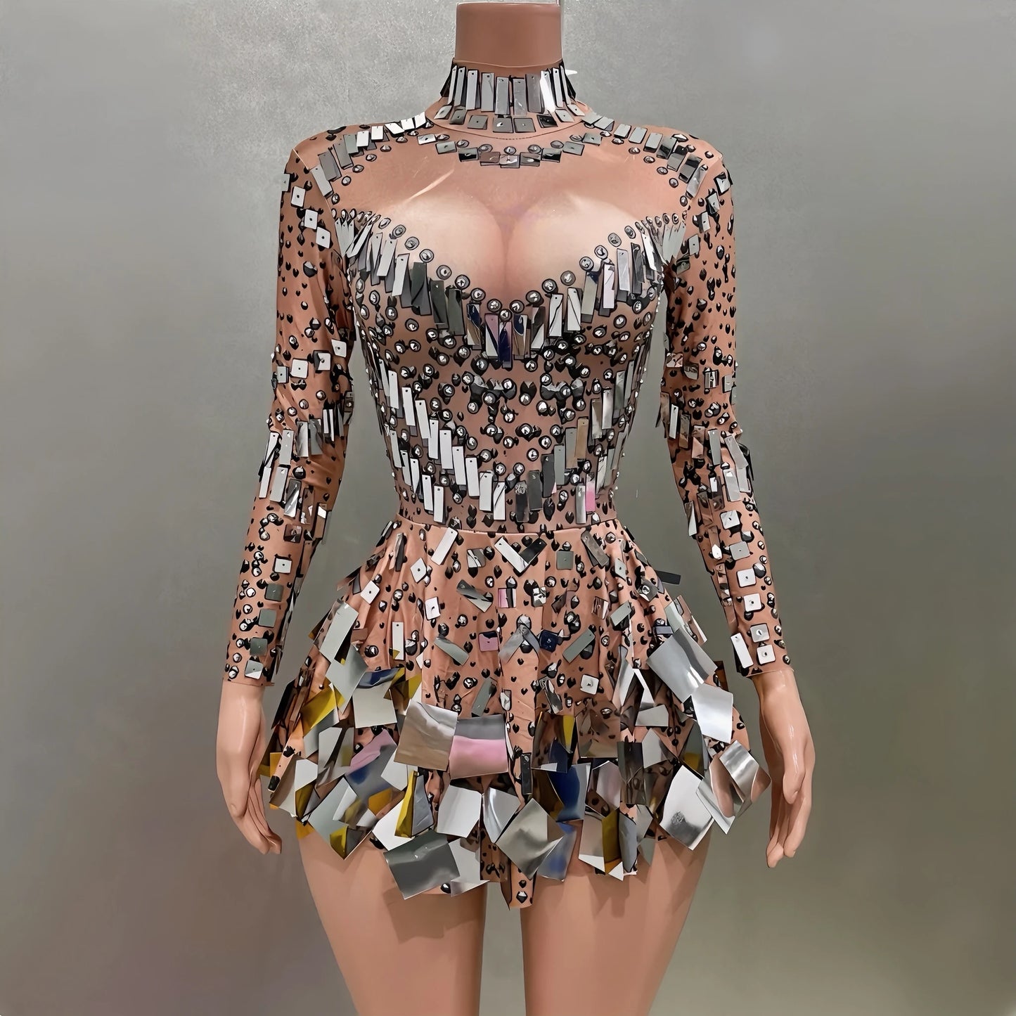 Flashing Sequined Khaki A-Line Dress Bodysuit – Sexy Evening Party Performance Costume - Premium costume from Lizard Vigilante - Just $78.88! Shop now at Lizard Vigilante