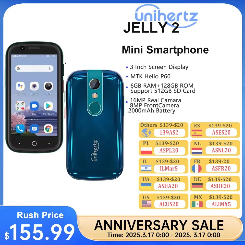 Unihertz Jelly 2 Small Smartphone,  Helio P60 Octa Core, Android 11, 6GB + 128GB, 16MP, 2000mAh Battery, Dual SIM Mobile Phone