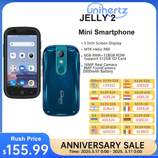 Unihertz Jelly 2 Small Smartphone,  Helio P60 Octa Core, Android 11, 6GB + 128GB, 16MP, 2000mAh Battery, Dual SIM Mobile Phone
