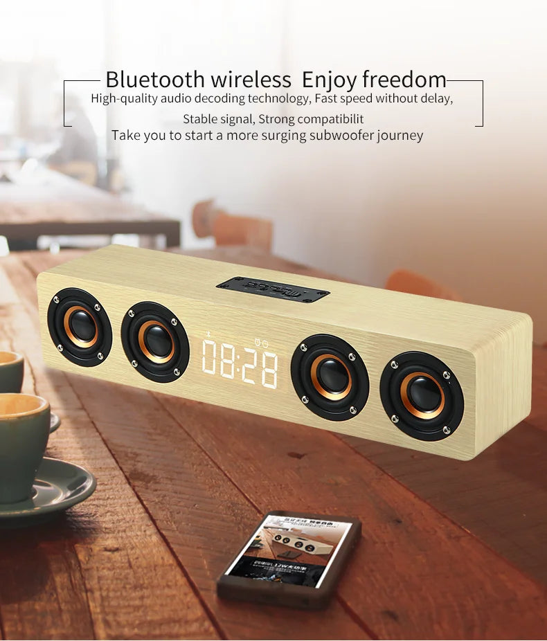 Wooden Bluetooth Speaker Portable Wireless Subwoofer Clock Soundbox Home Computer Echo Wall Soundbar HiFi Stereo TF AUX U Disk