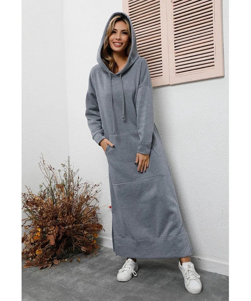 Women’s Hoodie Dress Winter Warm Lace-Up Hem Long Sweatshirt Casual Loose Midi Robe